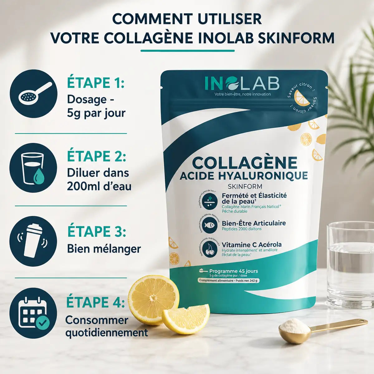 Skinform Collagène Marin Acide Hyaluronique Inolab - Guide posologie 5g quotidien avec verre d'eau