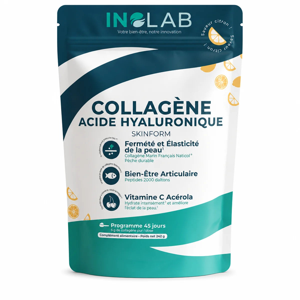 Skinform Collagène Marin Acide Hyaluronique Inolab saveur citron sur fond blanc