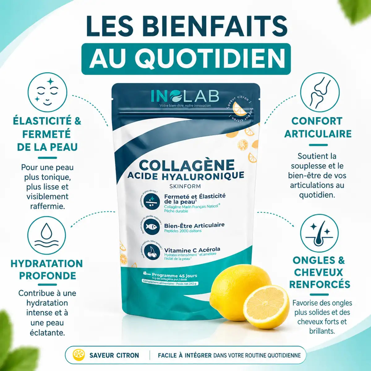 Skinform Collagène Marin saveur citron Inolab avec bénéfices peau, articulations et cheveux