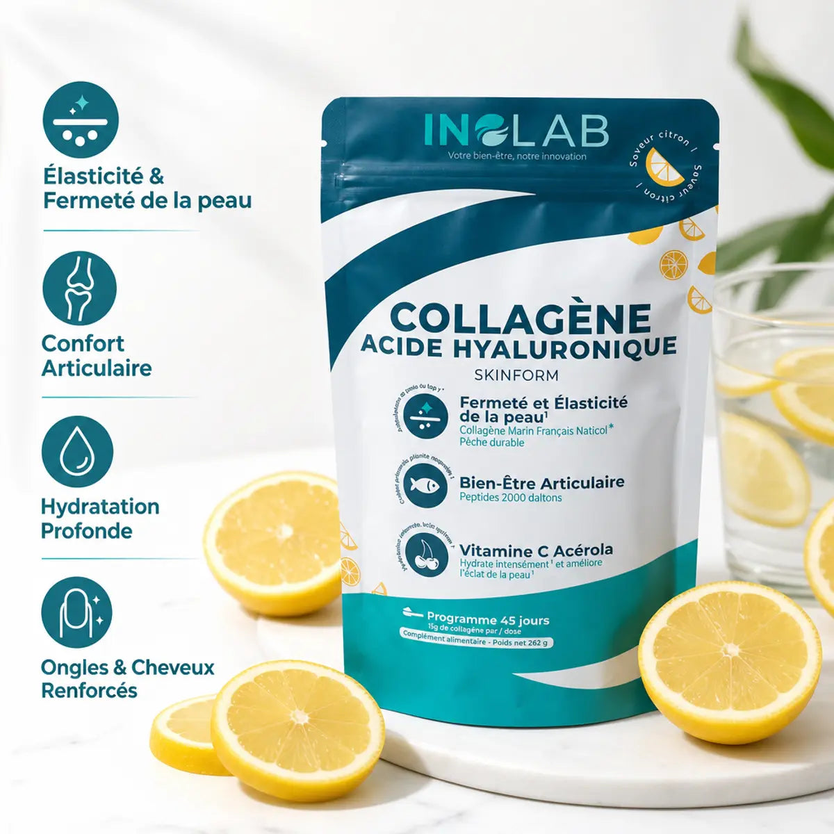 Skinform Collagène Marin Acide Hyaluronique saveur citron avec bénéfices peau et articulations