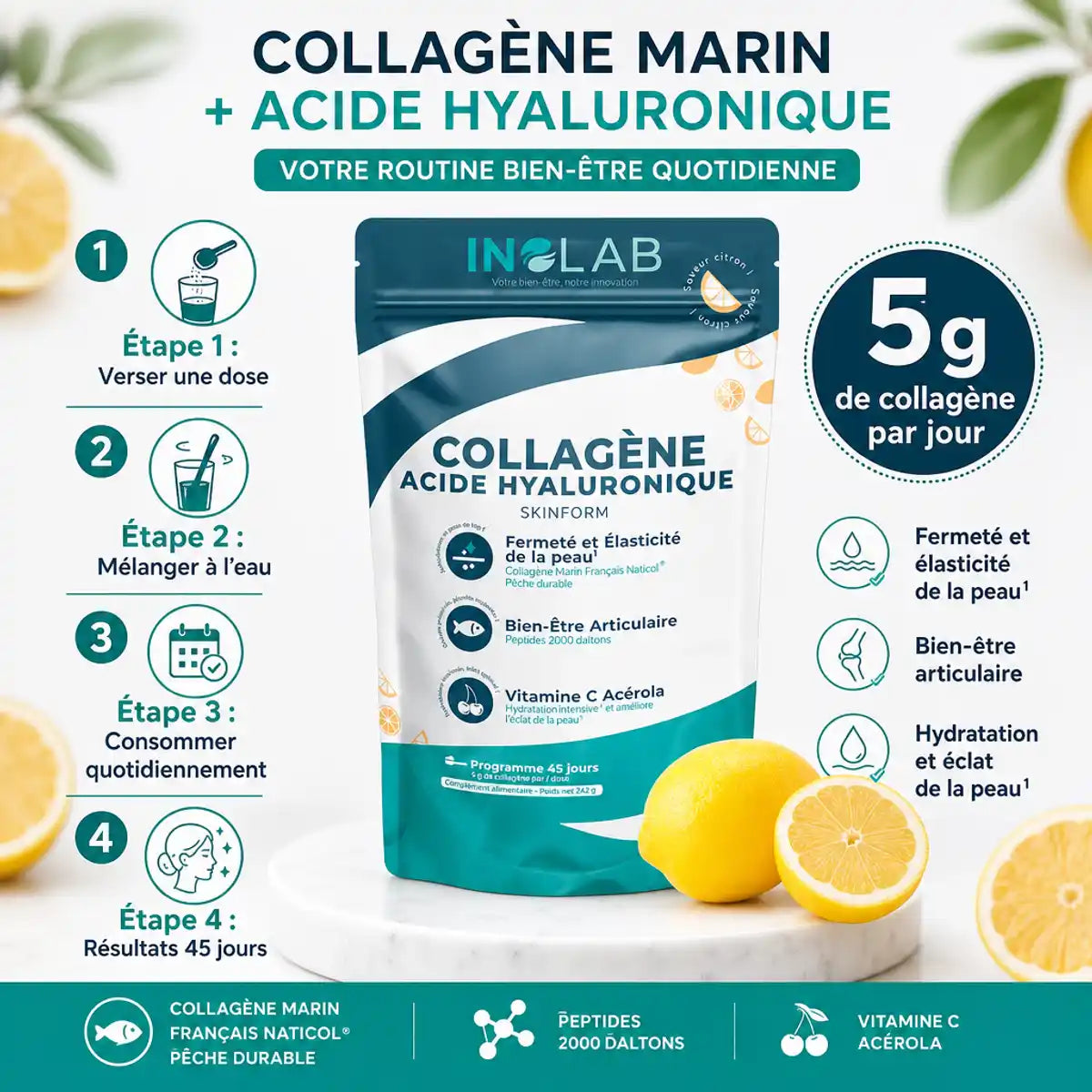 Skinform Collagène Marin + Acide Hyaluronique saveur citron Inolab avec guide utilisation 4 étapes