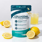 Skinform Collagène Marin saveur citron Inolab avec citrons frais et verre de boisson