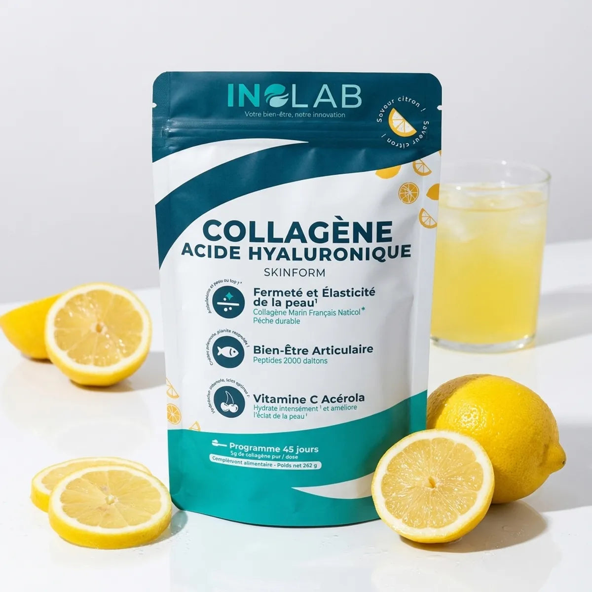 Skinform Collagène Marin saveur citron Inolab avec citrons frais et verre de boisson