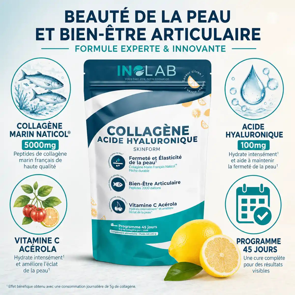 Skinform Collagène Marin Acide Hyaluronique saveur citron Inolab avec ingrédients et citron frais