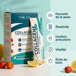 Skinform Sticks Inolab collagène marin acide hyaluronique avec infographie des 5 bénéfices peau