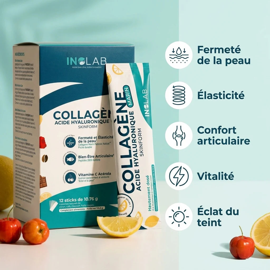 Skinform Sticks Inolab collagène marin acide hyaluronique avec infographie des 5 bénéfices peau
