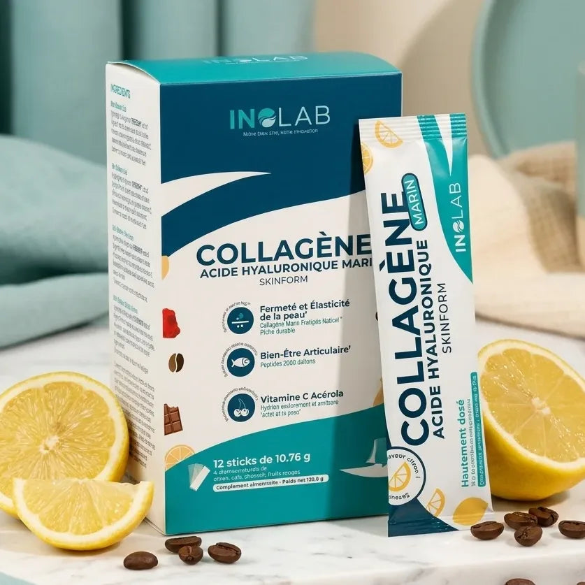 Skinform Sticks collagène marin Inolab avec acide hyaluronique sur surface marbre minimaliste