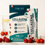 Skinform Sticks collagène marin et acide hyaluronique Inolab avec fruits frais sur marbre blanc