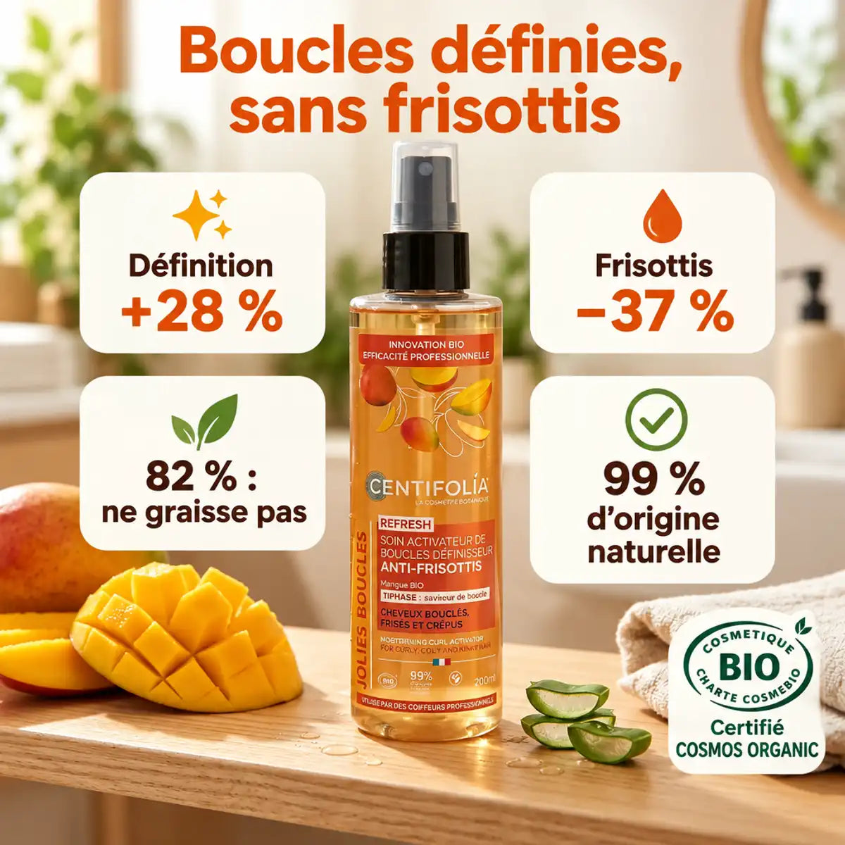Soin activateur de boucles anti-frisottis bio Centifolia 200 ml, flacon orange sur étagère avec mangue et aloe vera