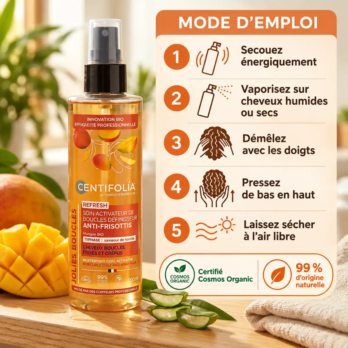 Flacon Centifolia Soin Activateur de Boucles Anti-Frisottis Bio 200 ml, avec mode d'emploi en 5 étapes sur fond crème et orange
