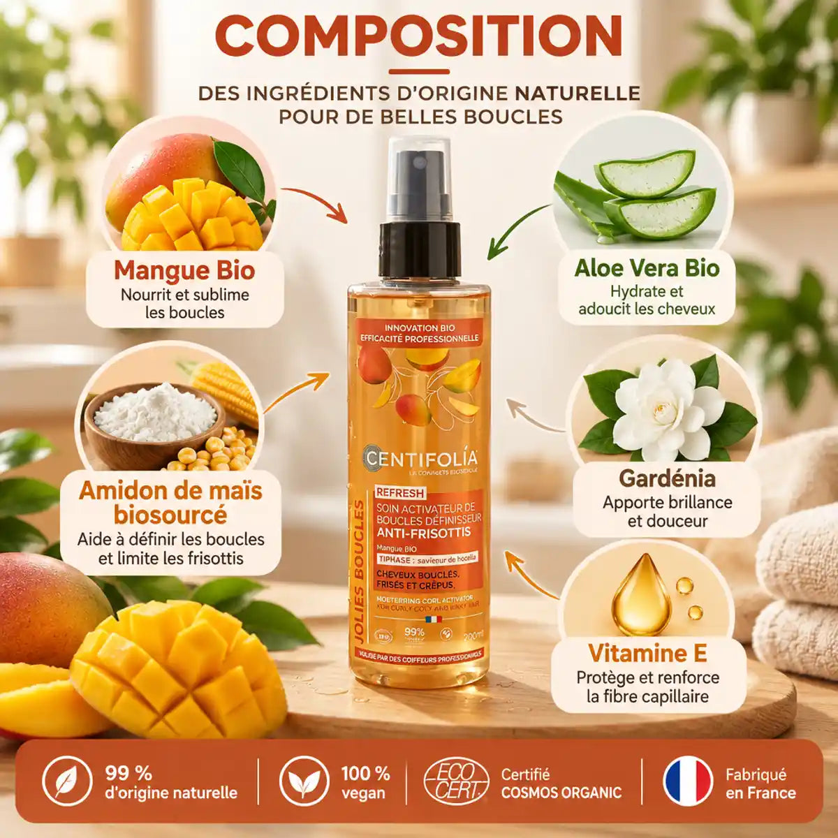 Soin Activateur de Boucles Anti-Frisottis Bio Centifolia 200 ml entouré d'ingrédients : mangue, aloe vera, amidon de maïs, gardénia et vitamine E