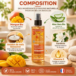 Soin Activateur de Boucles Anti-Frisottis Bio Centifolia 200 ml entouré d'ingrédients : mangue, aloe vera, amidon de maïs, gardénia et vitamine E