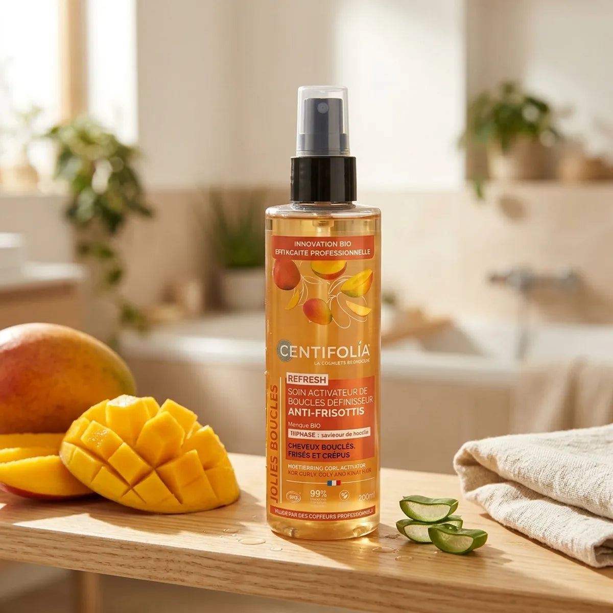Flacon spray ambré Centifolia Soin Activateur Boucles Anti-Frisottis Bio 200 ml, sur étagère lumineuse avec mangue et aloe vera