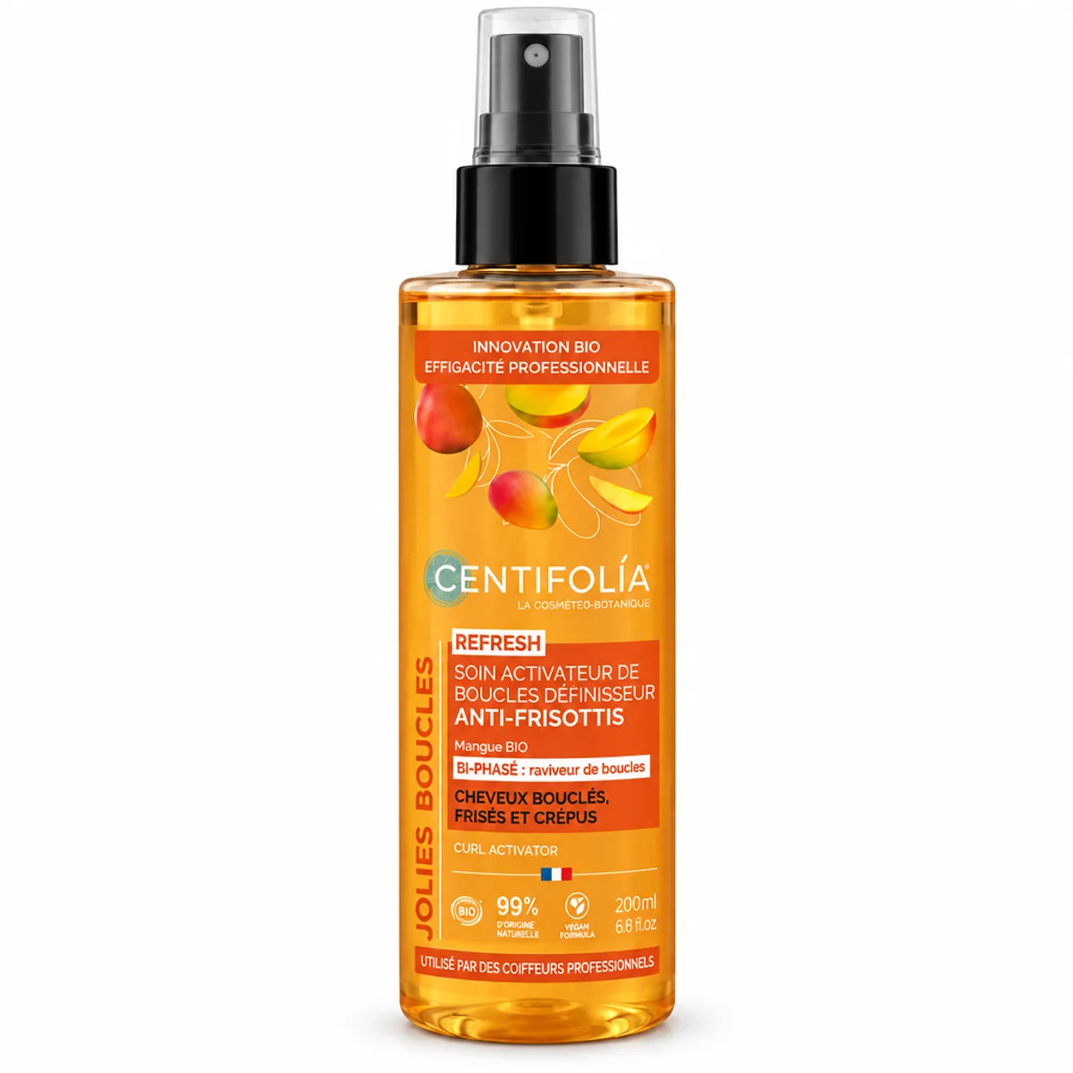 Flacon ambré Soin Activateur de Boucles Anti-Frisottis Bio Centifolia 200 ml, étiquette mangue, fond blanc