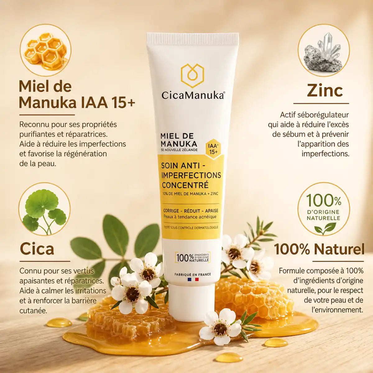 Soin anti-imperfections CicaManuka 200ml avec miel Manuka IAA15+, zinc et Cica naturels