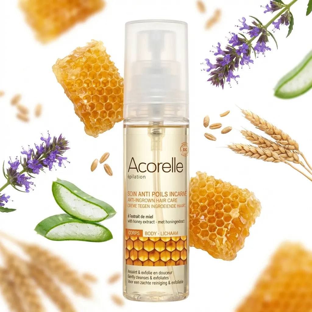 Spray Acorelle Anti-Poils Incarnés Bio 50ml avec ingrédients naturels sur fond blanc