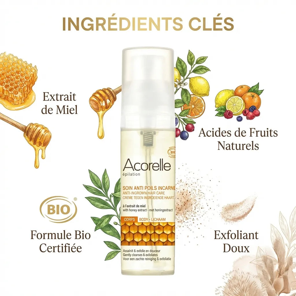 Soin anti-poils incarnés bio Acorelle 50ml avec ingrédients naturels et miel