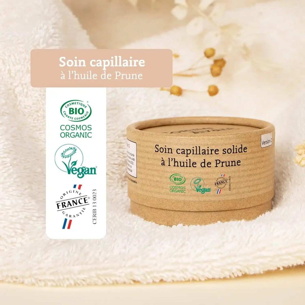 Les labels du soin capillaire solide à l’huile de Prune de la marque Comme Avant
