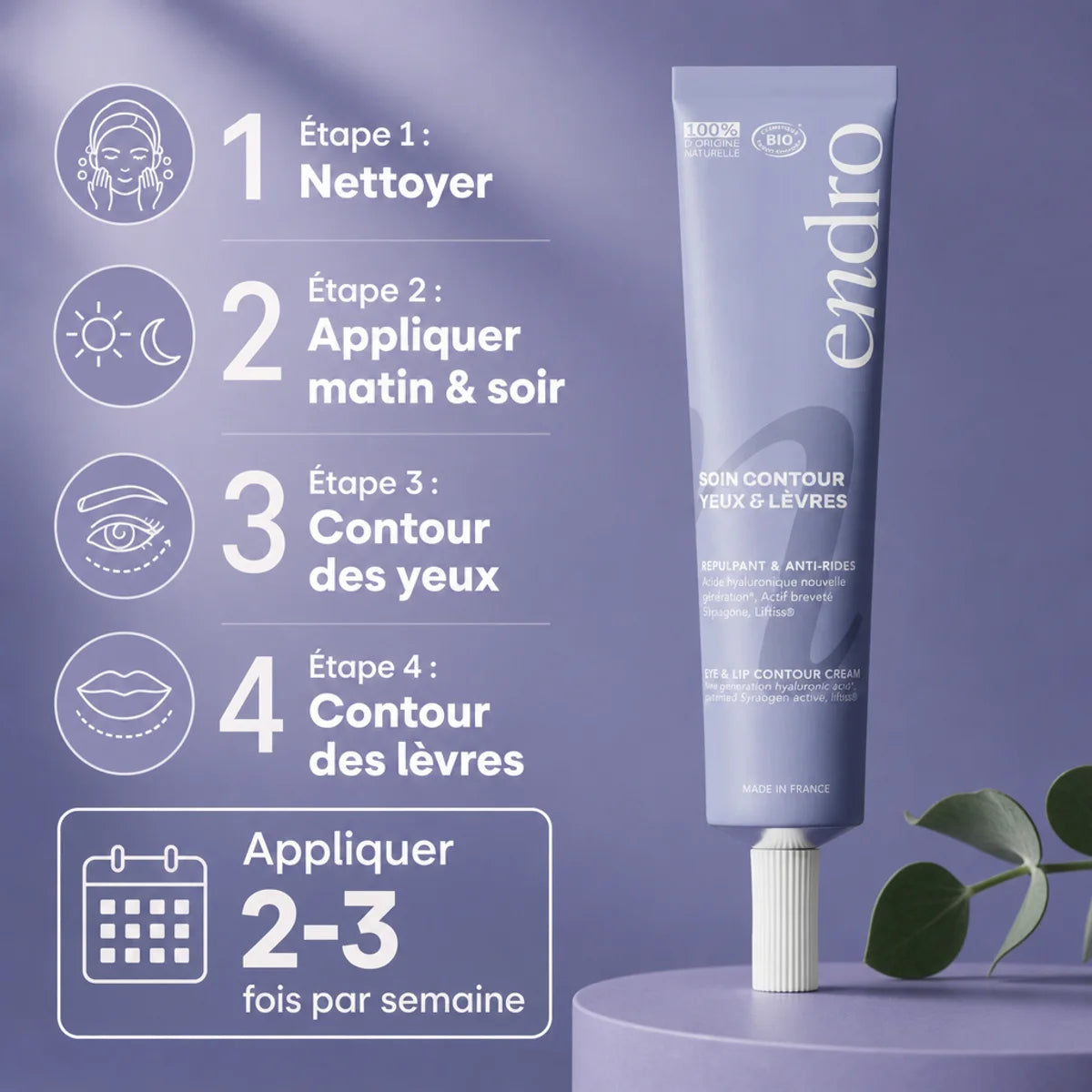 Crème contour yeux et lèvres Endro 20ml anti-âge avec étapes d'application illustrées
