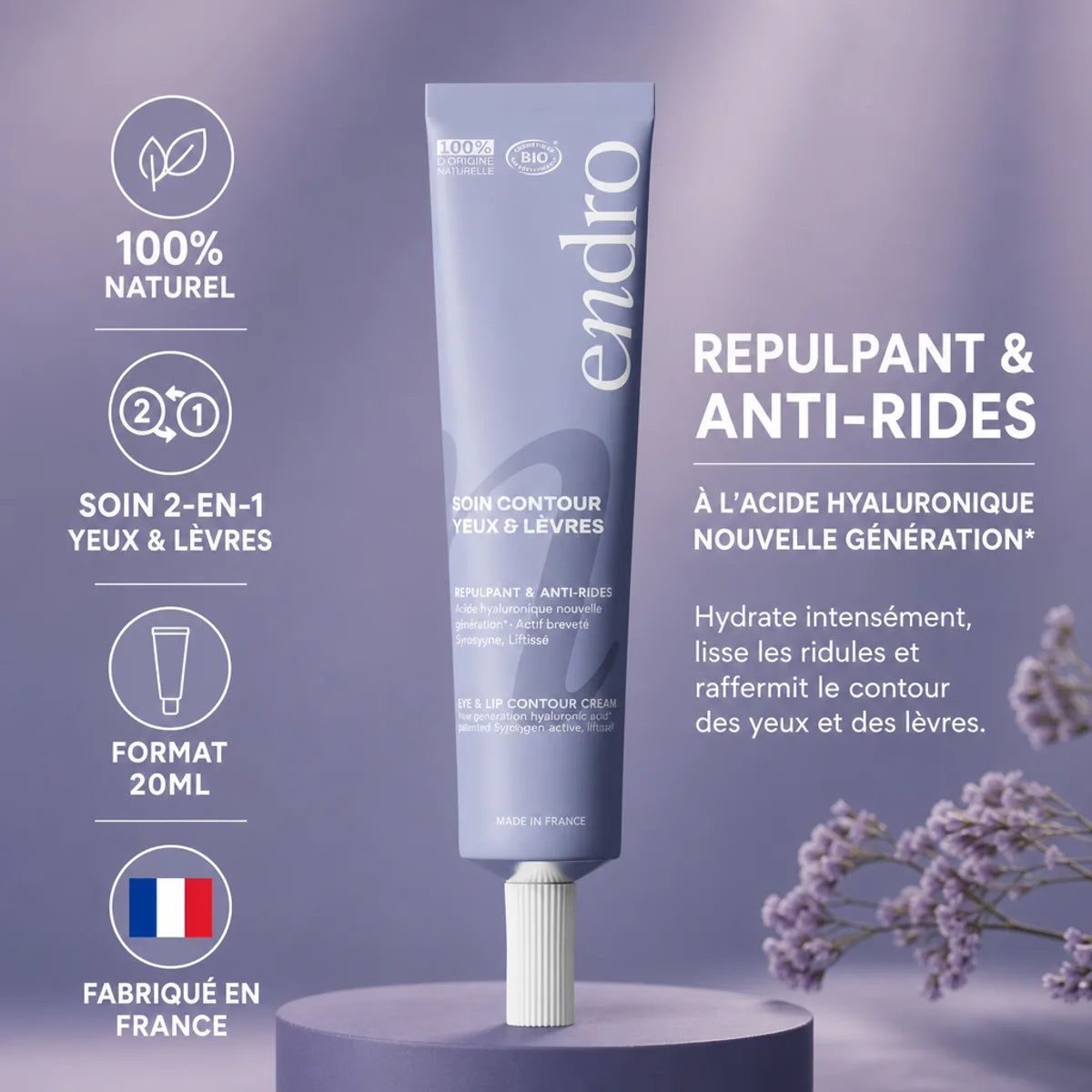 Endro crème contour yeux et lèvres 20ml anti-âge, soin naturel 2-en-1 fabriqué en France
