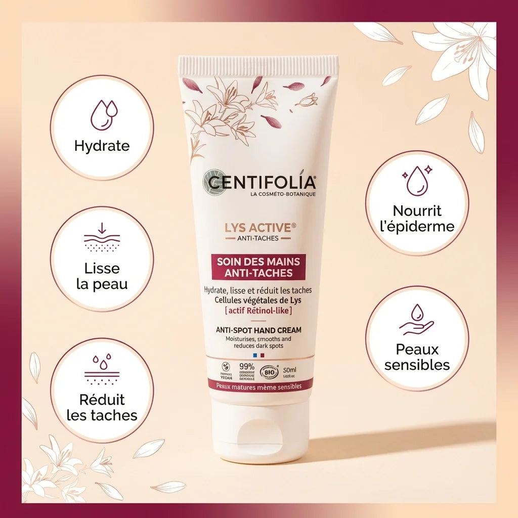 Crème mains anti-taches bio Centifolia 50ml avec infographie des bénéfices hydratants