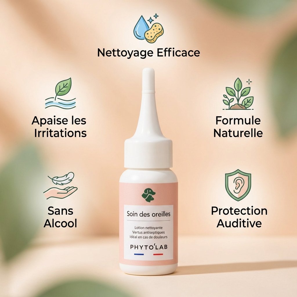 Soin oreilles Phyto'Lab 30ml avec infographie bénéfices nettoyage naturel chien chat