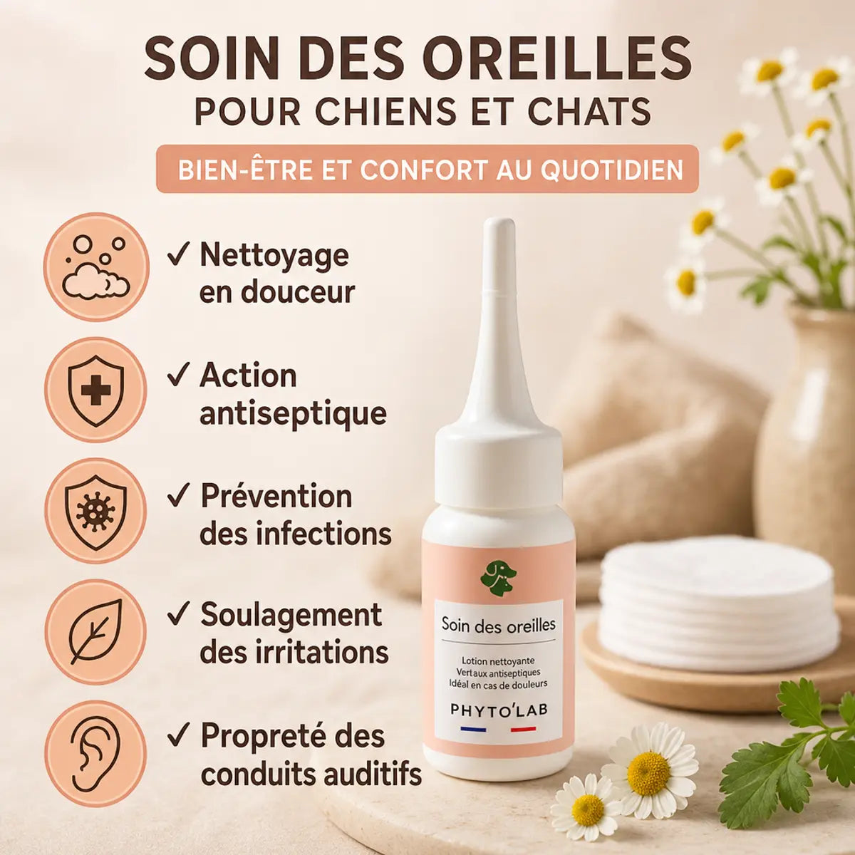 Soin des oreilles Phyto'Lab 30ml pour chien et chat avec bénéfices nettoyage antiseptique