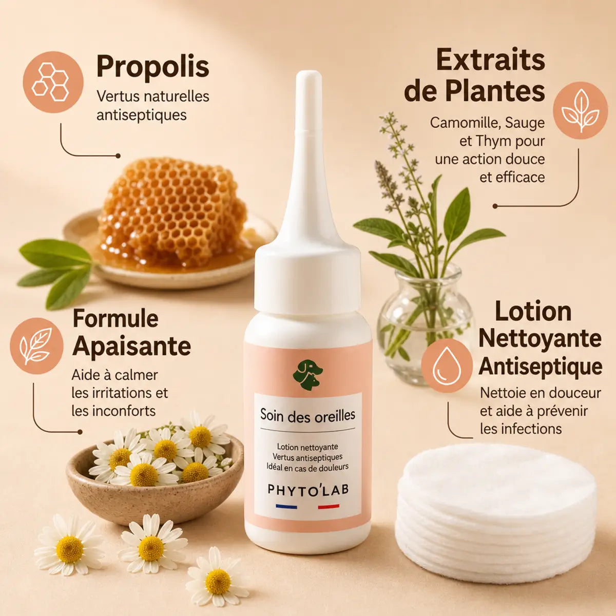 Soin oreilles chien chat Phyto'Lab 30ml avec propolis et extraits plantes naturels