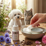 Un soin des yeux pour chiens et chat de la marque phyto'lab avec des plantes et un bol avec des compresses et en fond un chien et un chat