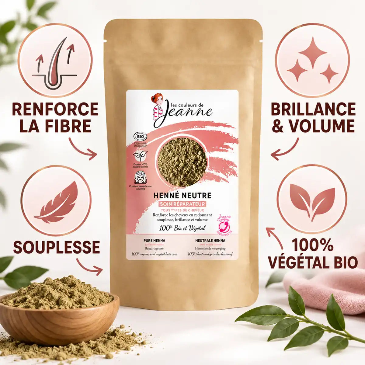 Henné neutre réparateur bio Couleurs de Jeanne 100g avec bénéfices: renforce fibre, brillance, volume, souplesse