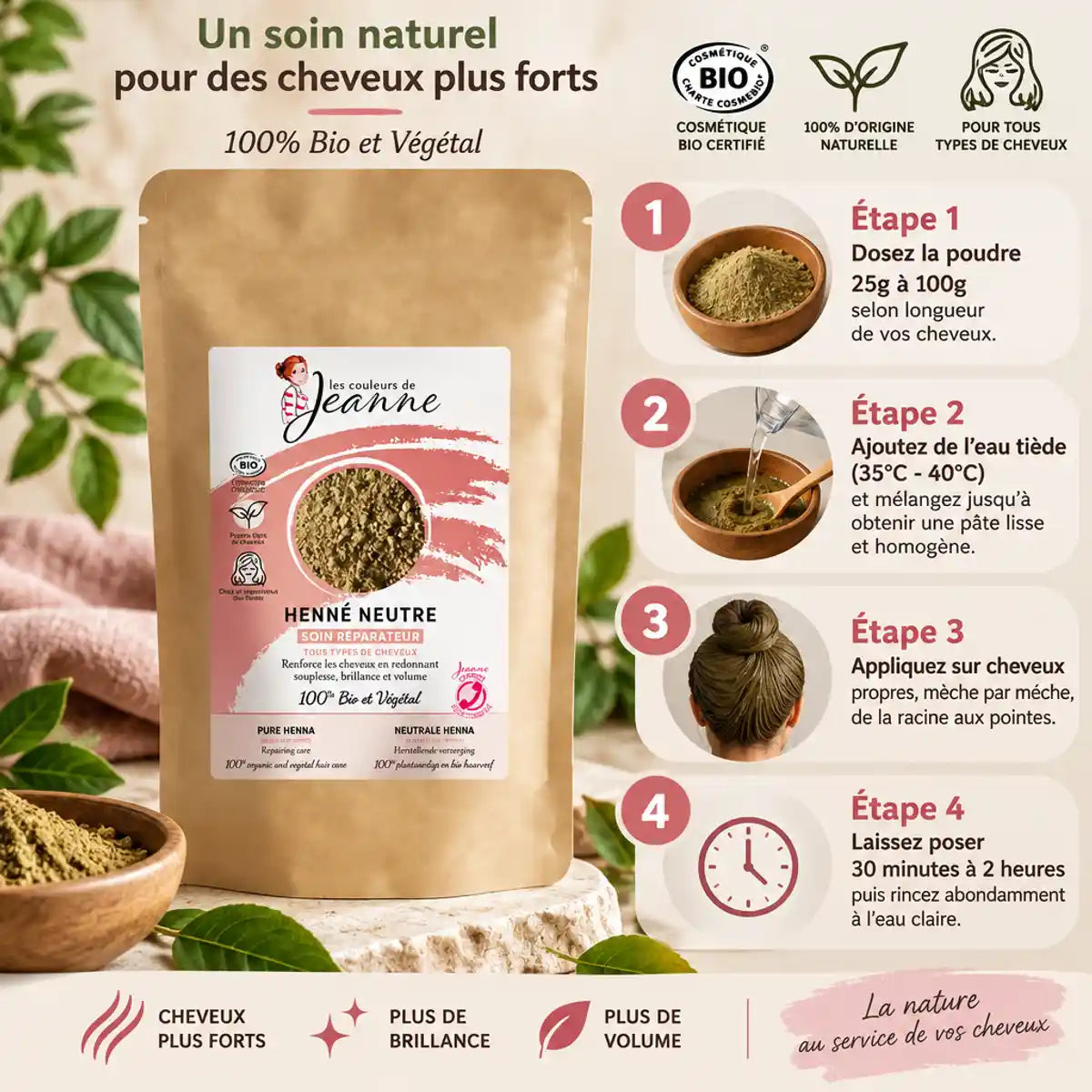 Soin Henné Neutre Réparateur Bio Couleurs de Jeanne avec guide application étapes