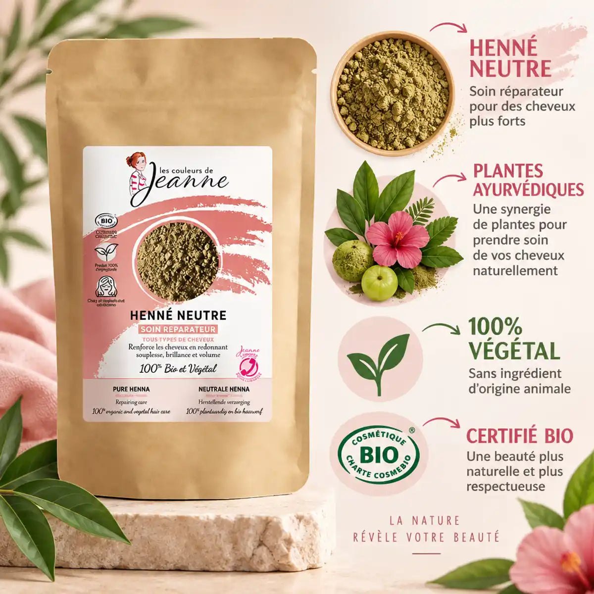 Henné neutre réparateur bio Couleurs de Jeanne 100g avec ingrédients botaniques certifiés