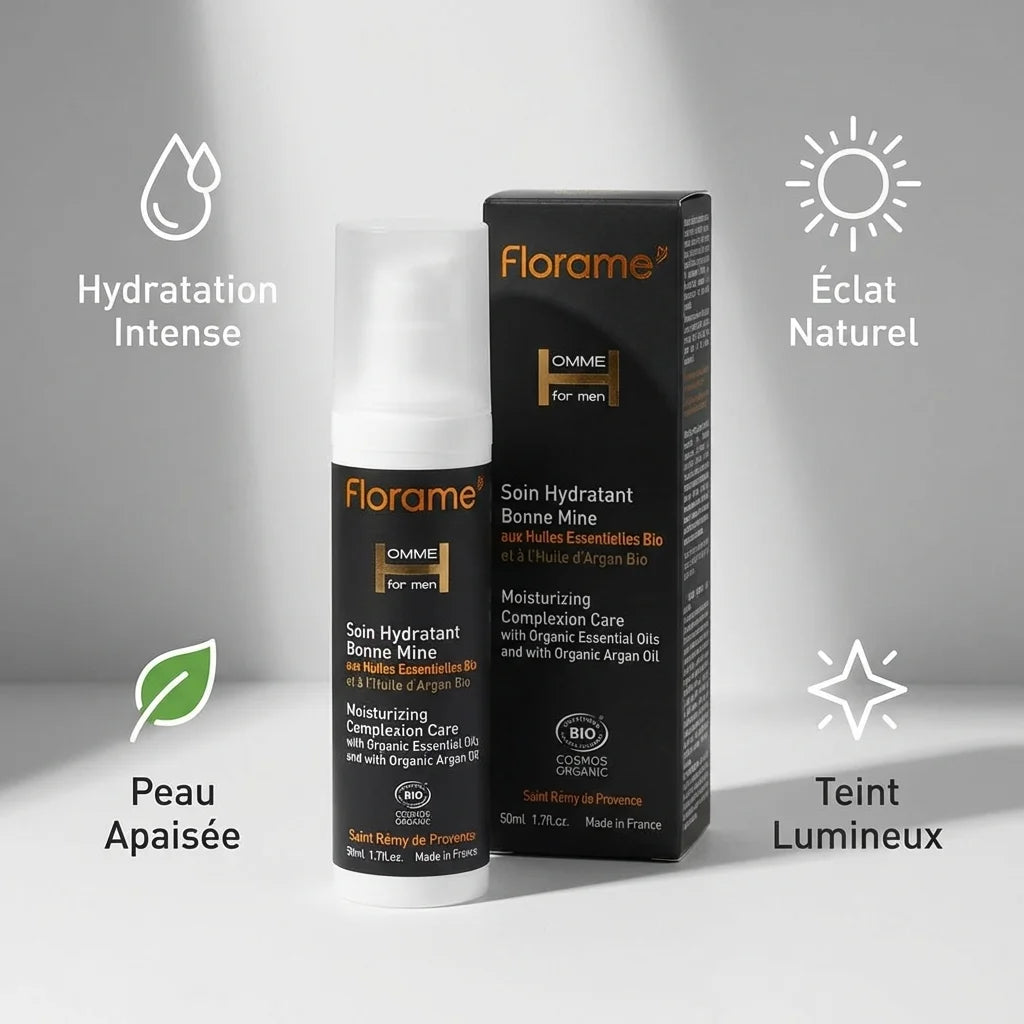 Soin Hydratant Bonne Mine Homme Florame 50ml avec bénéfices hydratation et éclat naturel