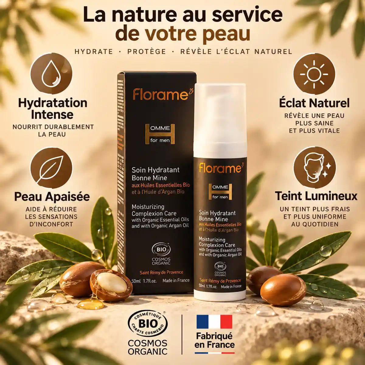 Soin Hydratant Bonne Mine Homme Florame 50ml avec certifications bio et ingrédients naturels