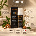 Soin hydratant Florame 50ml homme avec guide d'application, certifié bio et ingrédients naturels