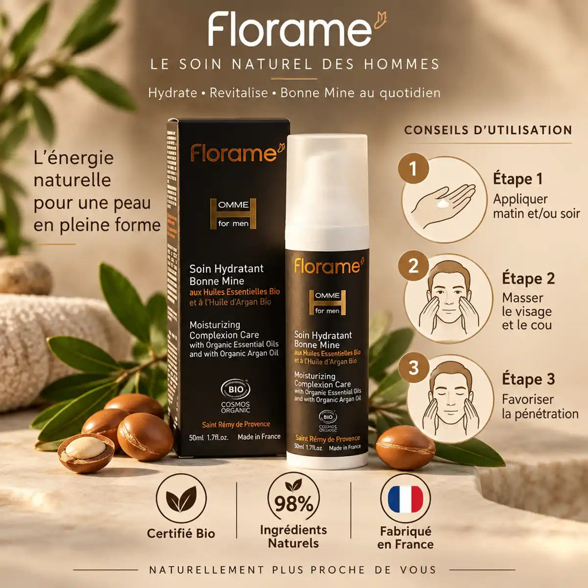 Soin hydratant Florame 50ml homme avec guide d'application, certifié bio et ingrédients naturels