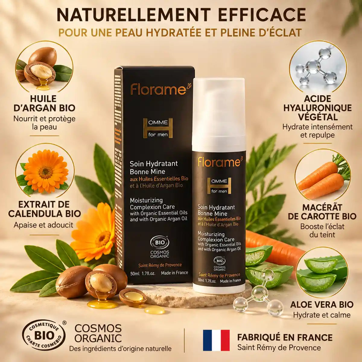 Soin hydratant bonne mine homme Florame 50ml avec ingrédients naturels bio et certifications