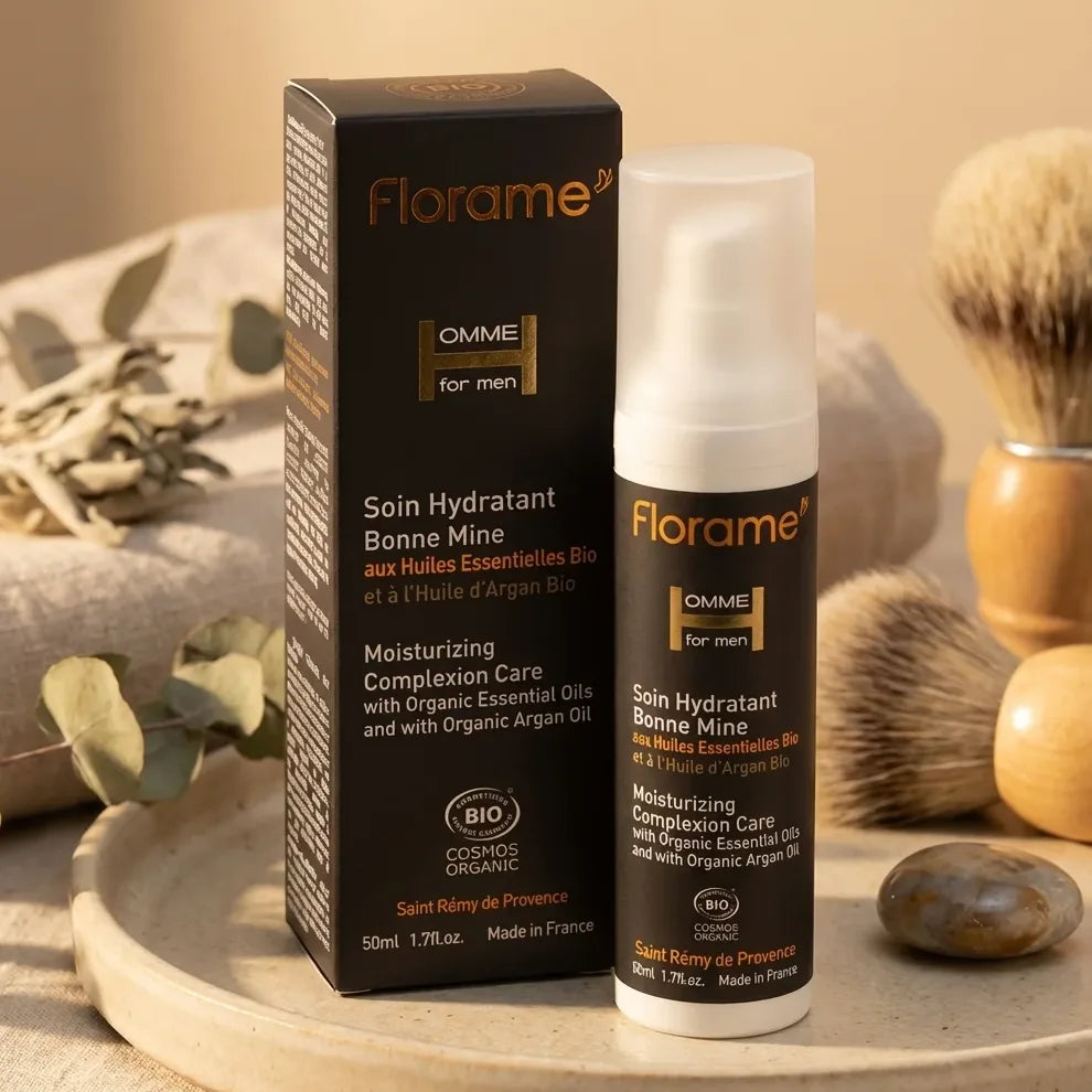 Soin Hydratant Bonne Mine Homme Florame 50ml flacon avec pompe blanc et packaging noir