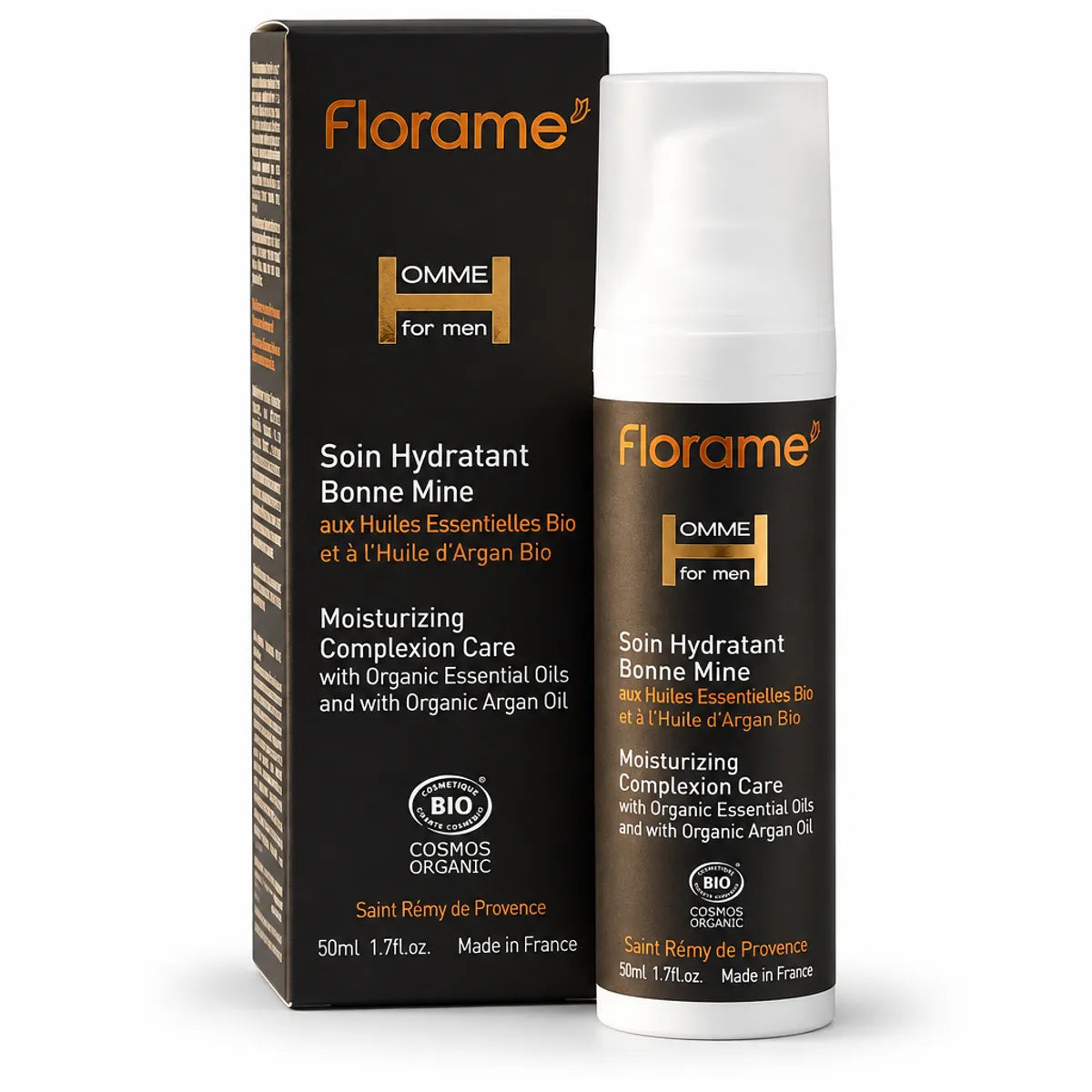 Soin Hydratant Bonne Mine Homme Florame 50ml flacon pompe blanc fond blanc