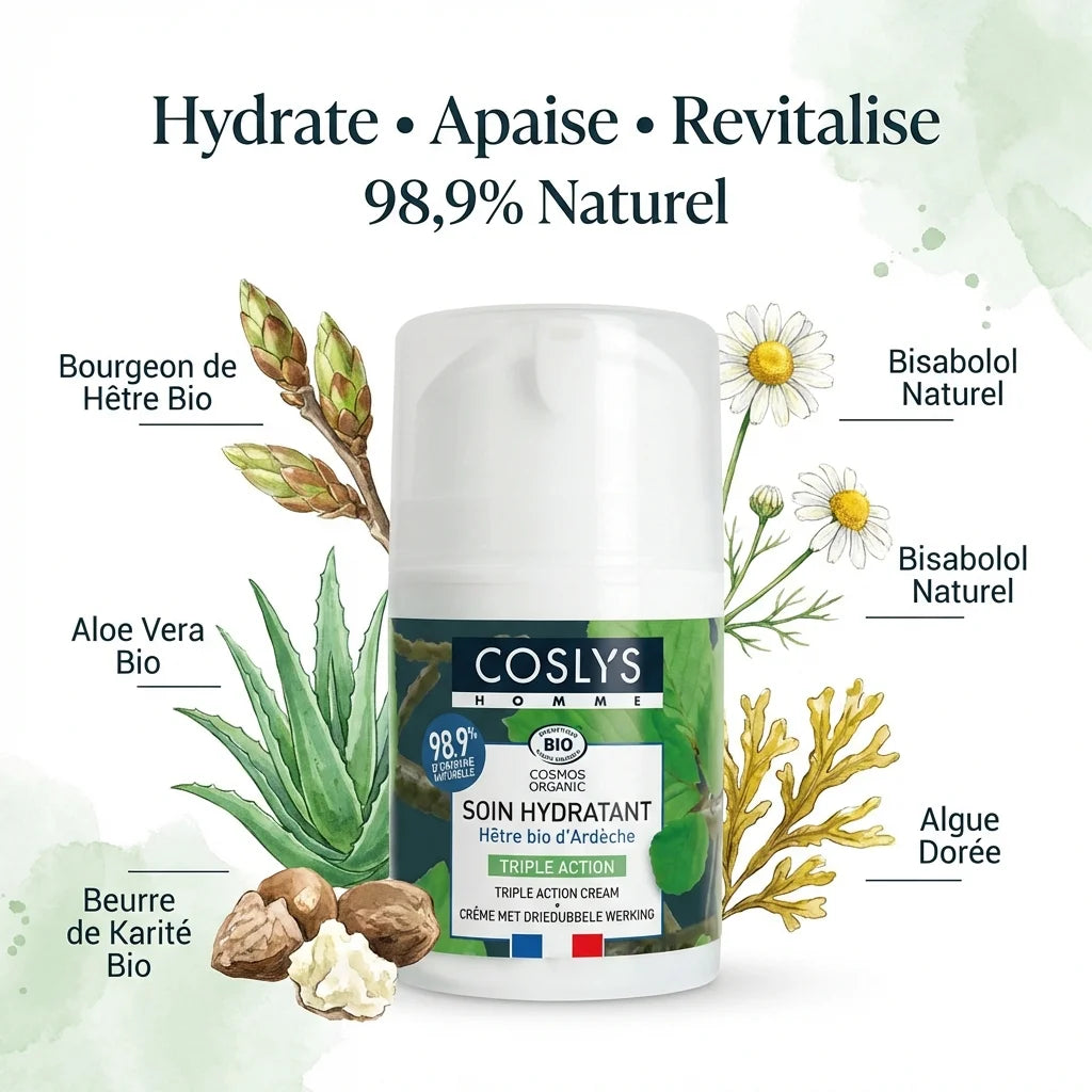 Coslys soin hydratant bio 50ml avec ingrédients naturels: aloe vera, beurre de karité, algue dorée