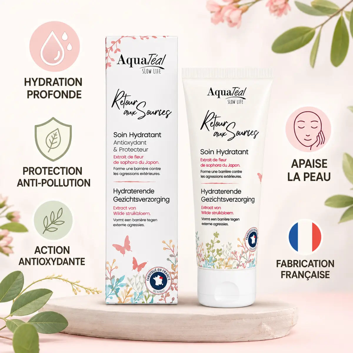 Soin hydratant visage Aquatéal 50ml avec bénéfices: hydration profonde, protection anti-pollution, action antioxydante