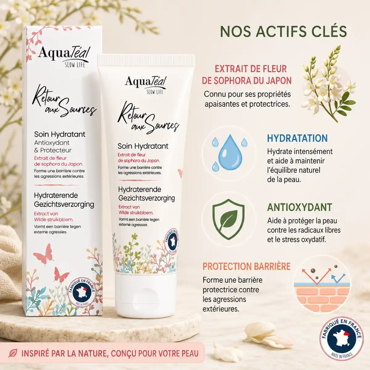 Soin Hydratant Visage Aquatéal 50ml avec ingrédients actifs et certification Fabriqué en France
