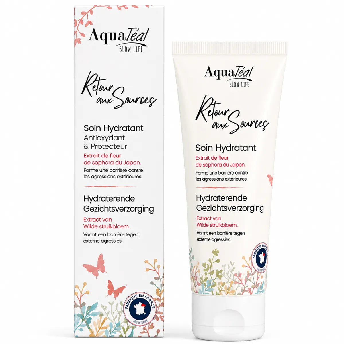 Crème hydratante visage Aquatéal 50ml tube blanc et rose, soin français