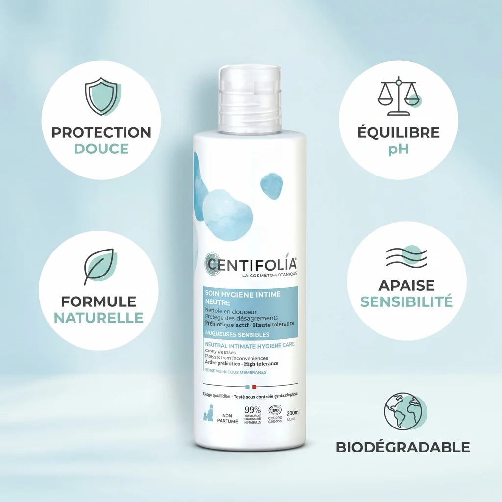 Centifolia Soin Hygiène Intime Neutre 200ml avec icônes de bénéfices et gradient bleu