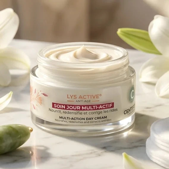 Soin Jour Multi-Actif Lys Active Centifolia 50ml sur marbre avec fleurs blanches