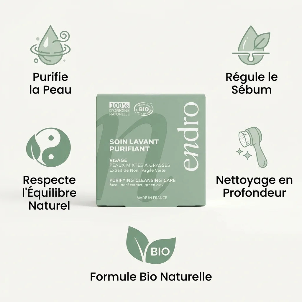 Soin purifiant Noni & Argile Verte Endro avec 5 bénéfices: purifie, régule sébum, respecte équilibre naturel