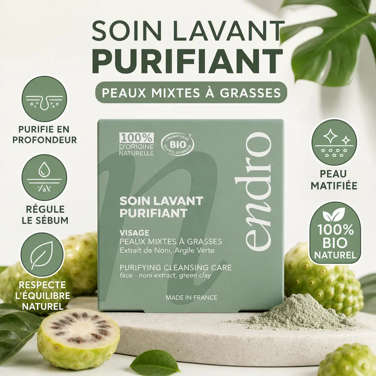 Soin lavant purifiant Visage Noni Argile Verte Endro bio packaging produit