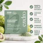 Soin lavant purifiant visage Endro à l'argile verte et noni bio certifié, packaging sage-green