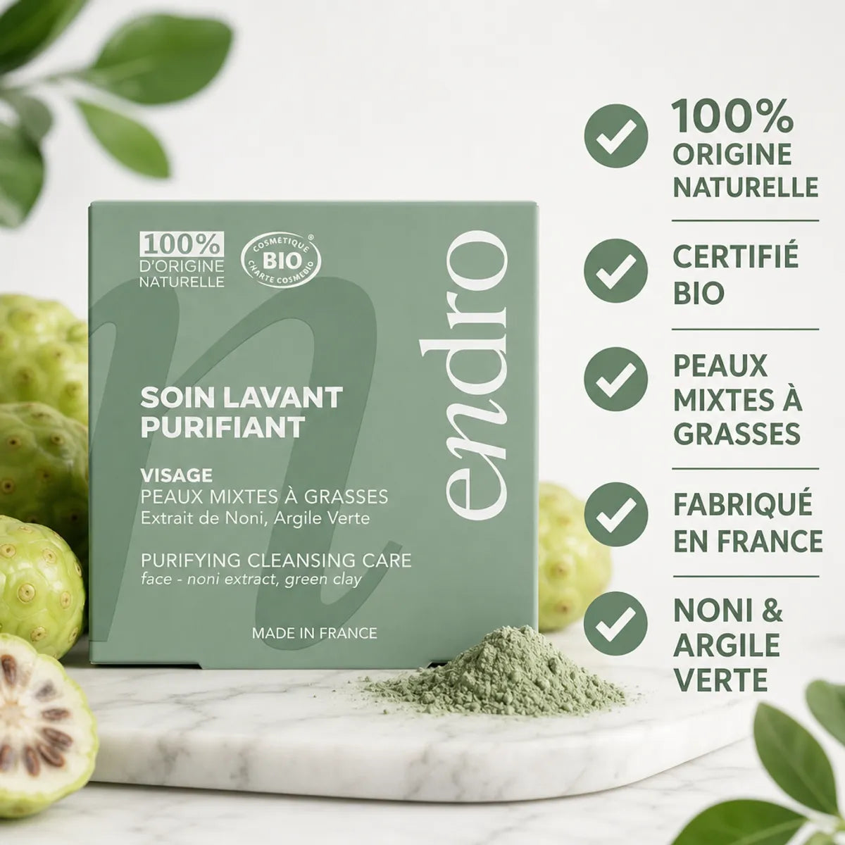 Soin lavant purifiant visage Endro à l'argile verte et noni bio certifié, packaging sage-green