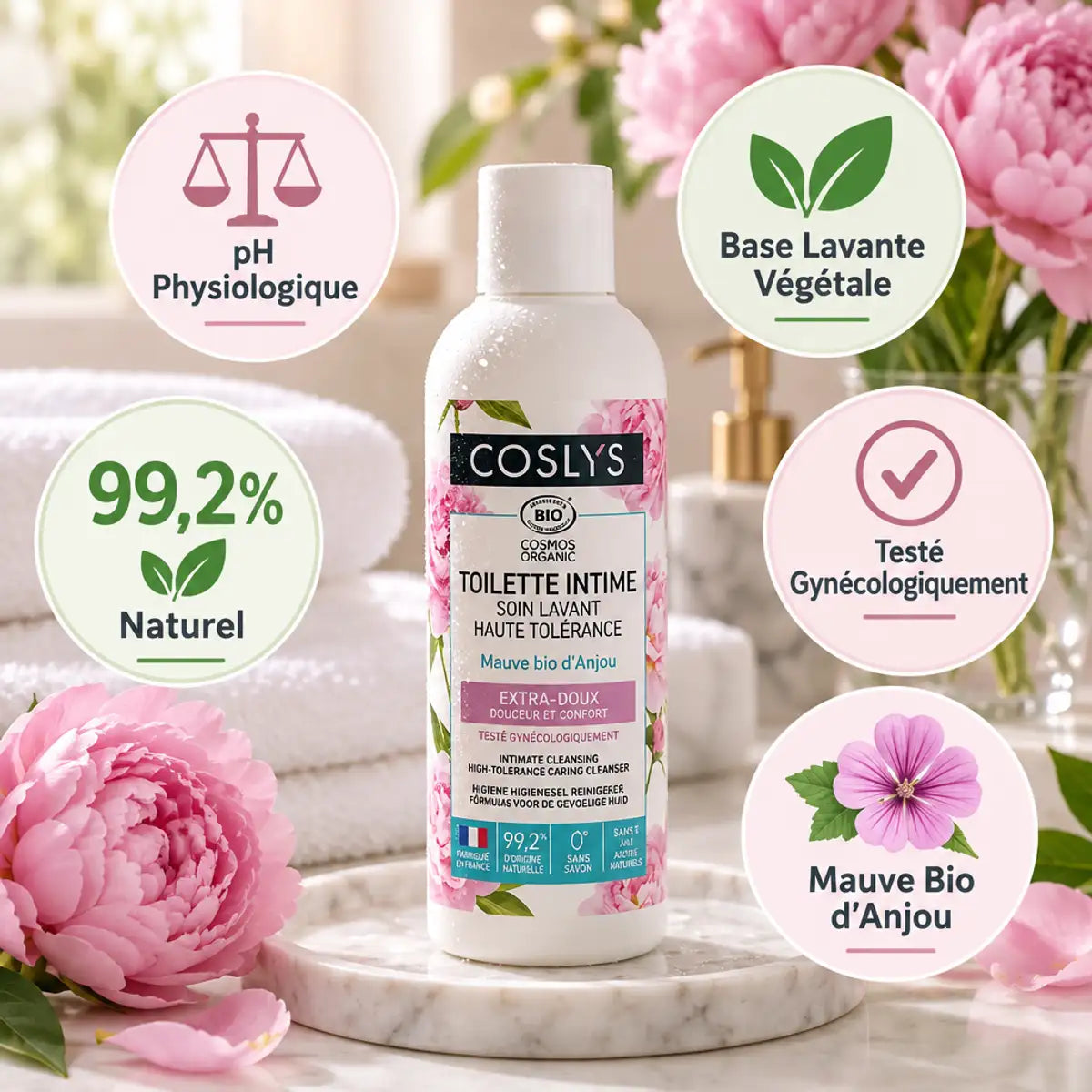 Soin lavant intime Coslys bio 100ml avec bénéfices : pH physiologique, base végétale, 99,2% naturel